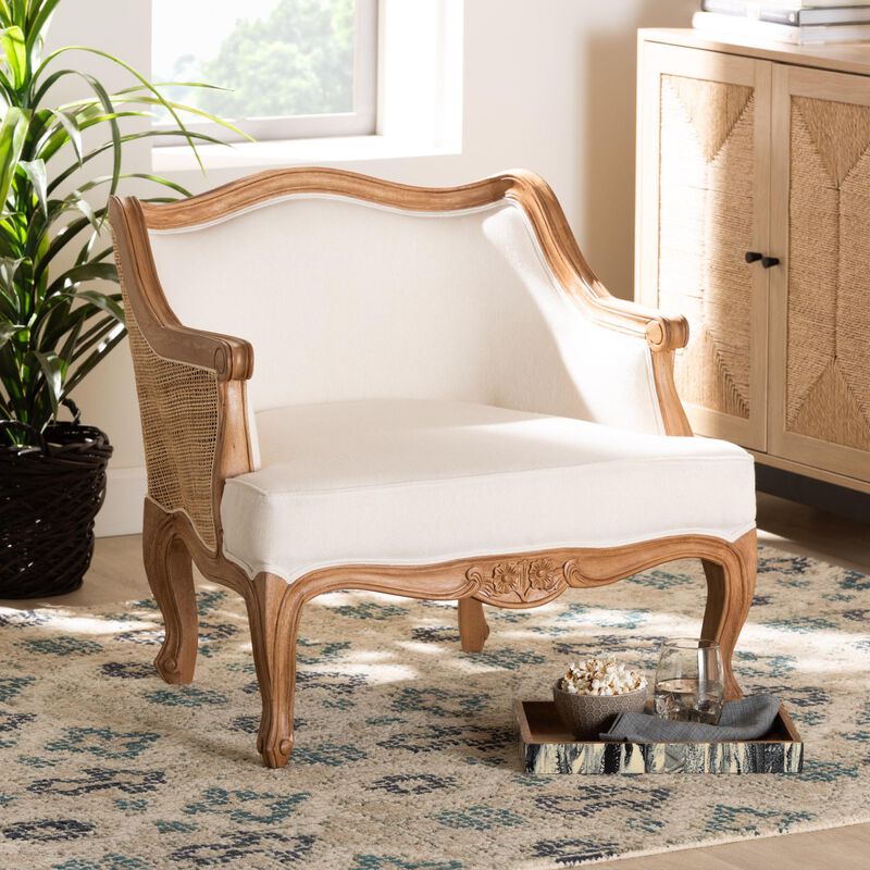 Baxton Studio Sylvestra Traditional French Beige Fabric and Honey Oak Finished Wood Low Seat Accent Chair