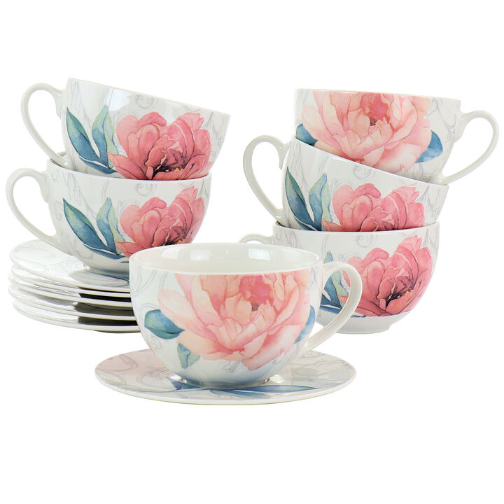 Martha Stewart 12 Piece Ceramic Flora 18 Ounce Cup and Saucer Set in White
