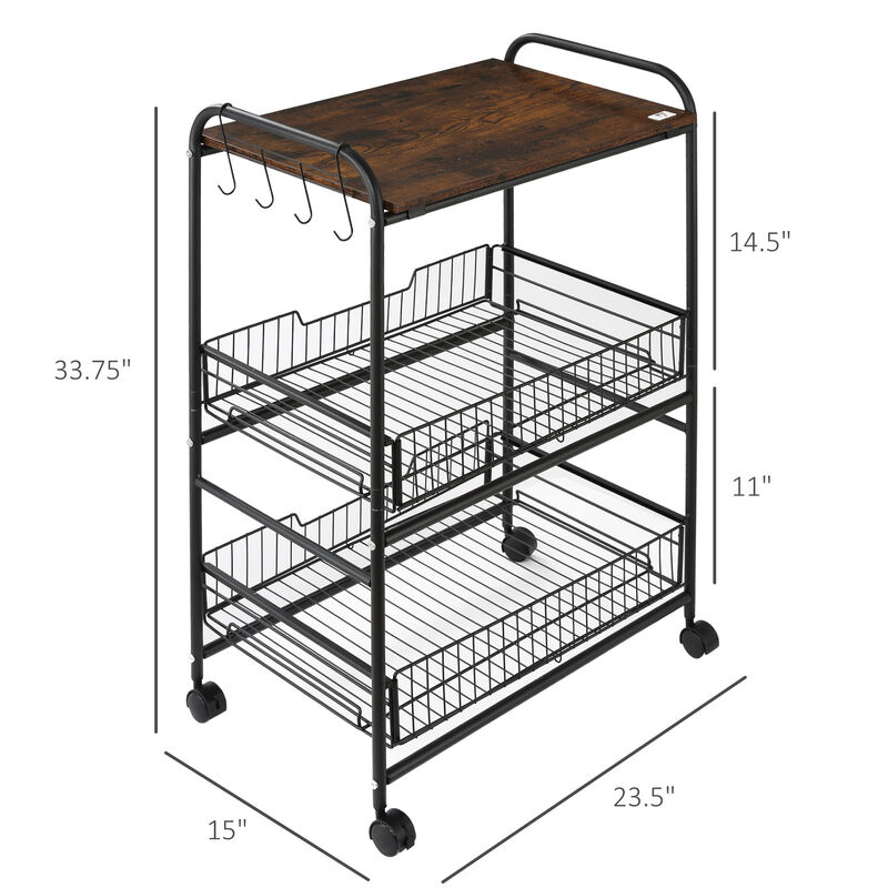24" 3-Tier Utility Kitchen Cart Rolling Serving Trolley w/ 2 Storage Shelves