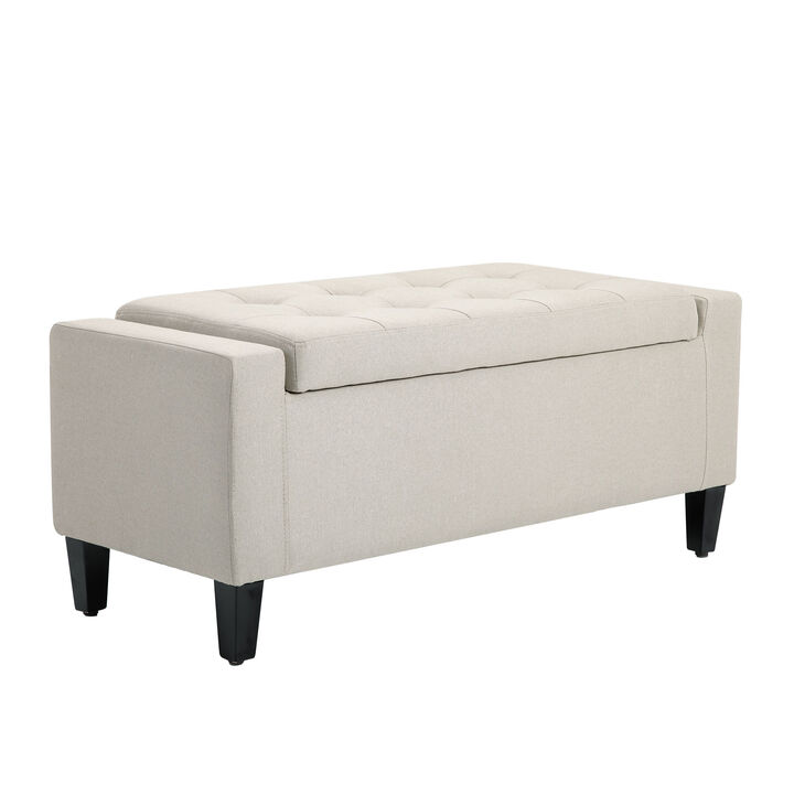 HOMCOM Storage Ottoman, Linen Upholstered Storage Bench with Lift Top and Button Tufted for Living Room, Dark Brown