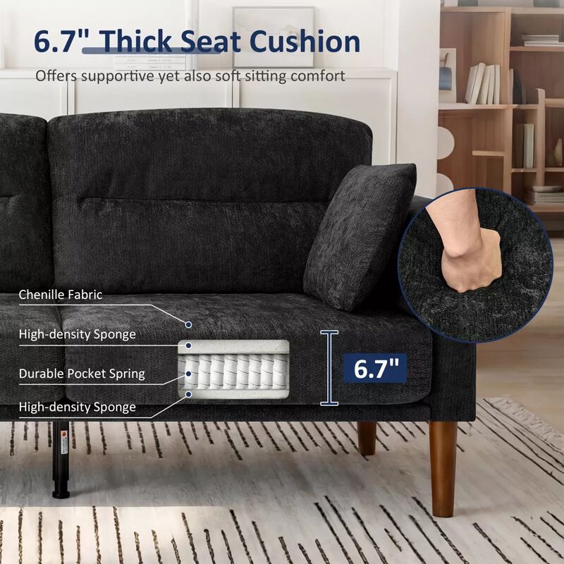 69" Chenille Loveseat Sofa with Foldable Side Tray Table image number 2