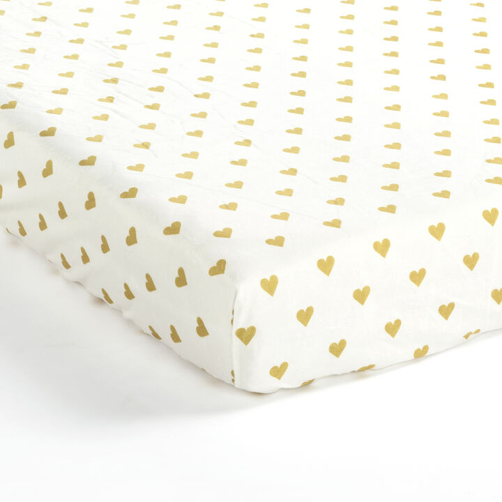 Boho Metallic Hearts Allover Hearts Soft & Plush Fitted Crib Sheet White/Gold Single 28X52X9