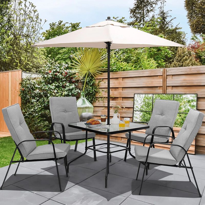 Mondawe 6Pcs Outdoor Dining Set,Square Glass Table W/ Sun-Protective Umbrella & 4 Stackable Chairs