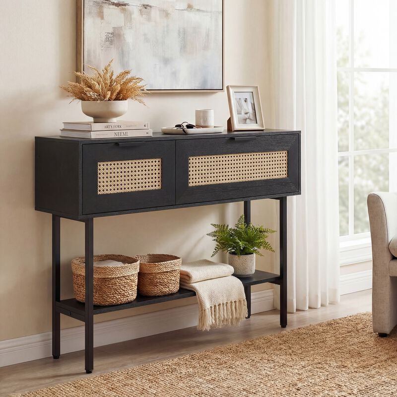 Rattan Entryway Console Table with Storage Cabinets Shelf and Metal Frame image number 4
