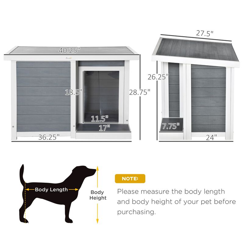 Dog House Outdoor, Cabin Style Pet Home Cottage, Weather Resistant, with Raised Feet, Terrace, Openable Top, for Medium Sized Dog, Grey