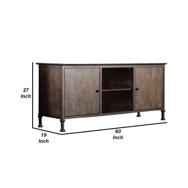 60" Wooden And Metal Frame TV Stand With 2 Open Shelves, Brown-Benzara