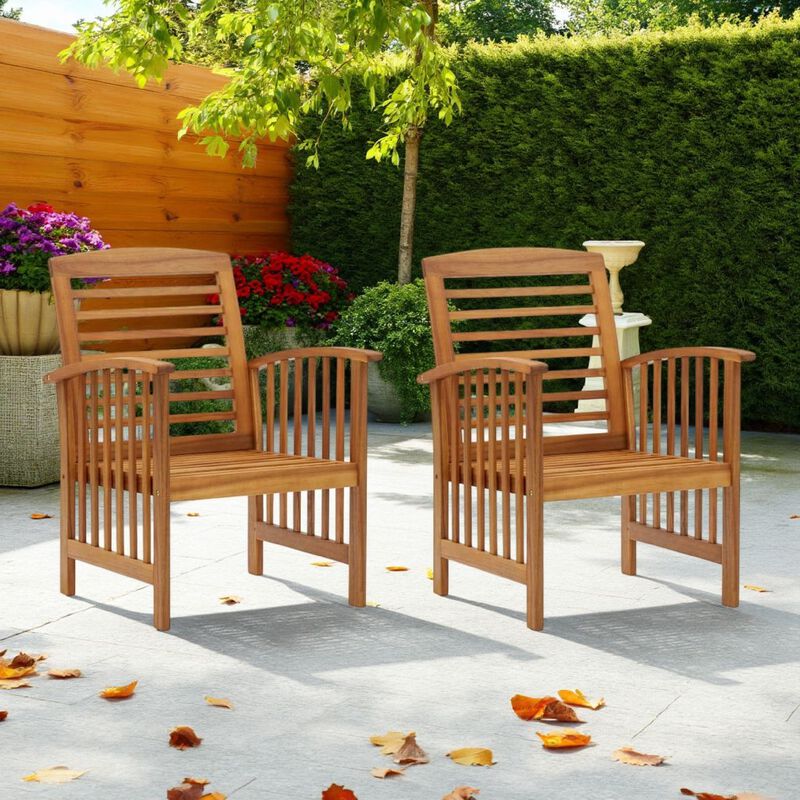 Outdoor Accent Chair Set of 2, Curved Arms, Slatted Brown Acacia Wood - Benzara