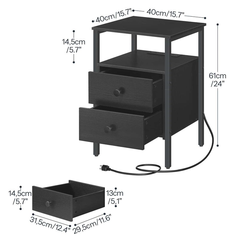 Bedroom Nightstand with 2 Drawers, Built-In Outlets and Storage-Black image number 2