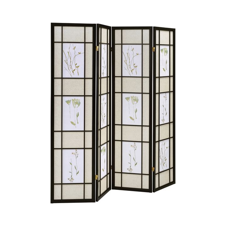 4 Panel Screen with Floral Print Detailing and Wooden Frame, Black - Benzara