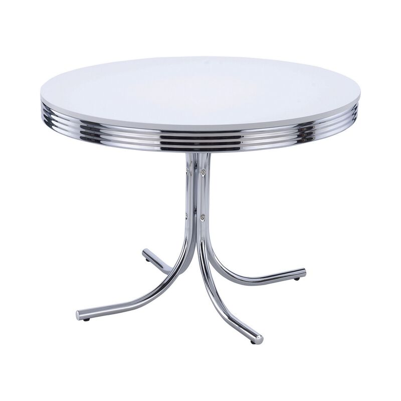 Loy 42 Inch Round Dining Table, Glossy White Wood Top, Ribbed Chrome Apron