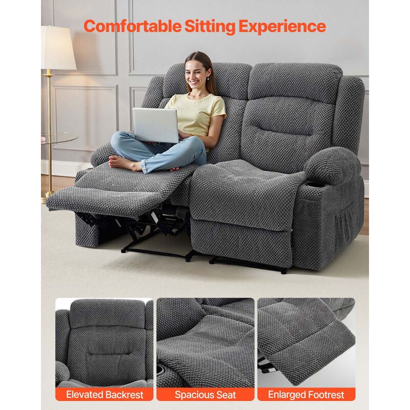 Reclining Loveseat Sofa with Heat Massage, USB Ports, Side Pockets and Cup Holders-Grey image number 5
