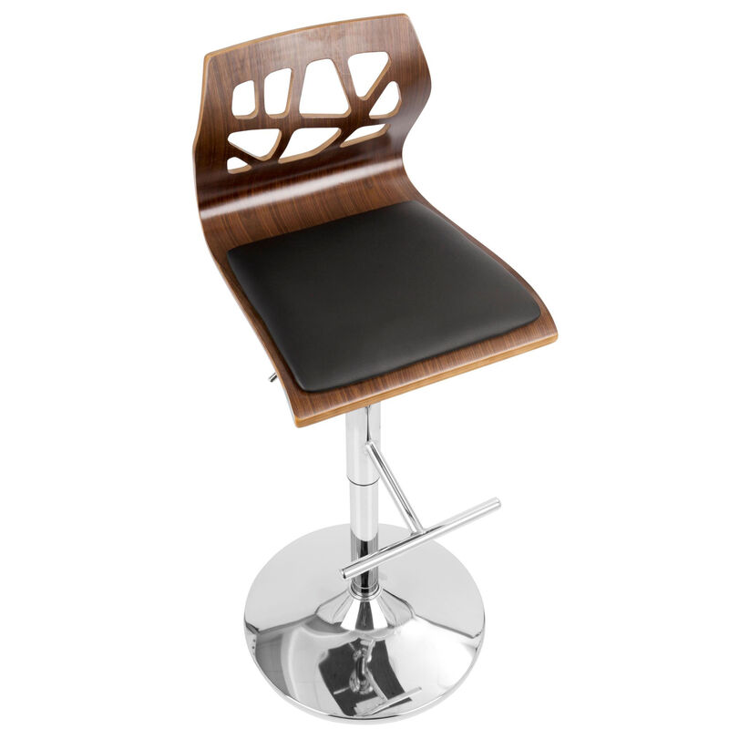 Lumisource Folia Mid-Century Modern Adjustable Barstool with Swivel in Chrome, Walnut Wood and Black Faux Leather - Set of 2 image number 8