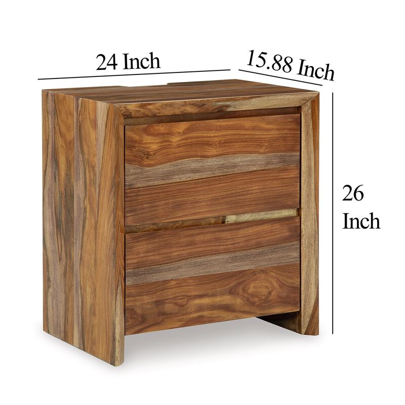 Donni Nightstand with 2 Drawer, Brown Sheesham Wood Finish, 24 Inch - Benzara