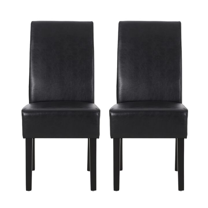 Dining Side Chair Set of 2, Black Rubberwood, Faux Leather Cushions