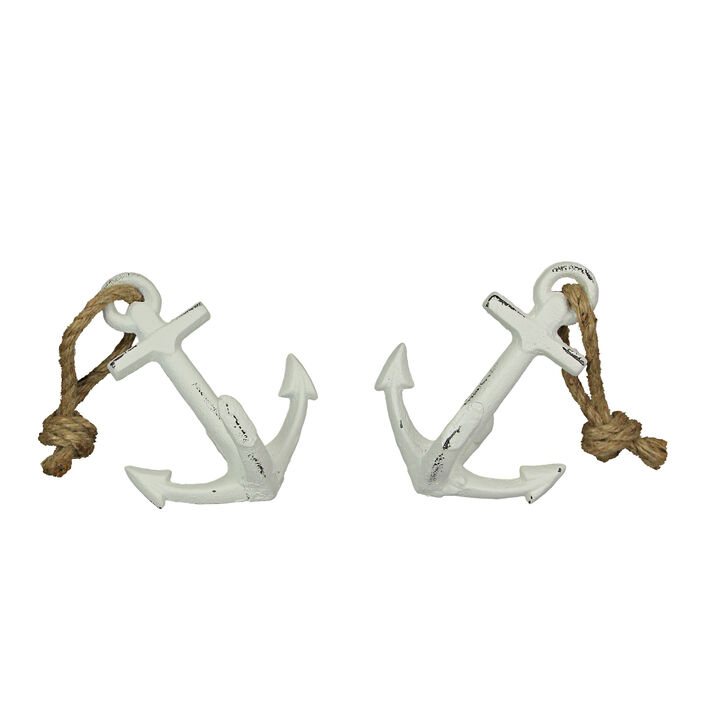 Set of 2 White Cast Iron Ship Anchor Bookends Nautical Home Decor Sculptures