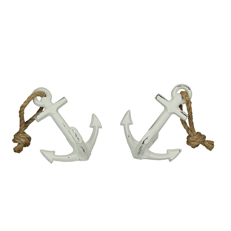 Set of 2 White Cast Iron Ship Anchor Bookends Nautical Home Decor Sculptures image number 0