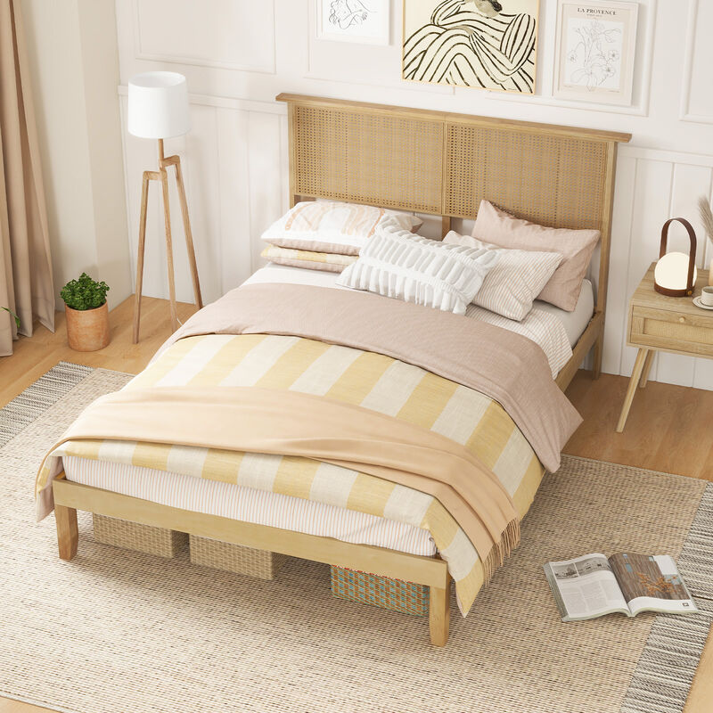 Bed Frame with Decorative Rattan Headboard for Warm and Airy Bedroom Vibe
