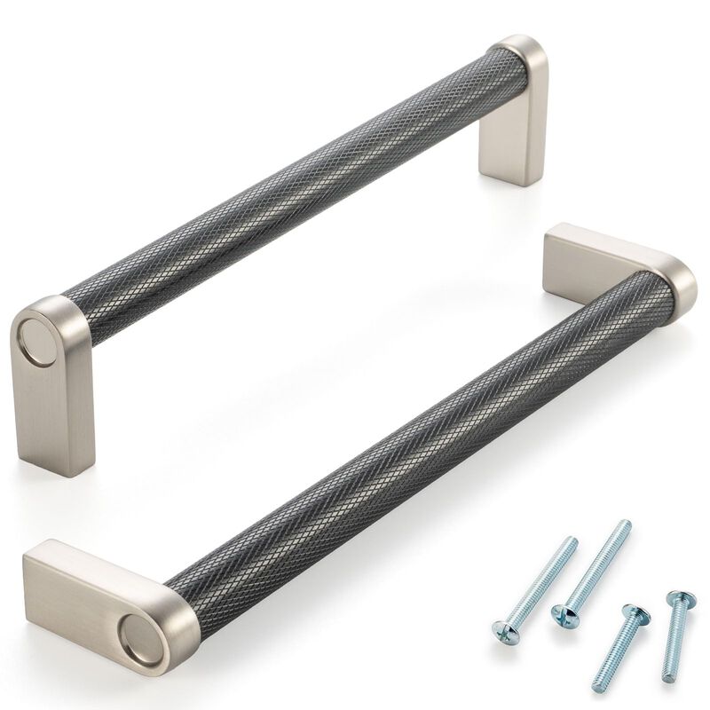 ASKANO Black and Nickel Cabinet Pulls, 6-1/4 Inch Hole Centers, Knurled Bar Kitchen Cabinet Handles AP1311 | Pack of 10, Solid H