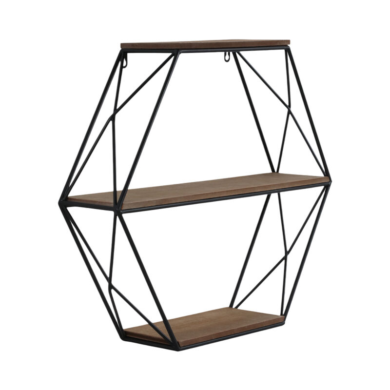 Metal/wood 3 Tier Hexagon Wall Shelf, Brown/black image number 1
