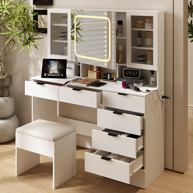 Large Vanity Table Set with LED Lighted Mirror &ndash; Elegant Makeup Desk with Ample Storage and Cushioned Stool