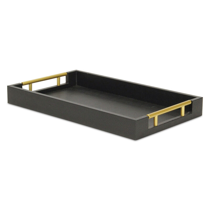 HomeRoots 16" Black Wood Faux Shagreen Serving Tray With Handles image number 0