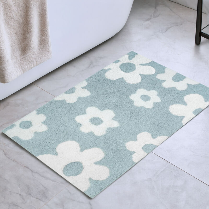 HomeRoots 32" Blue And White Cotton Floral Bath Rug image number 1