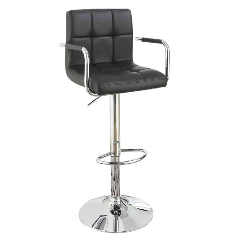 HomeRoots Set of Two Black and Silver Faux Leather and Aluminum Adjustable Height Swivel Bar Chairs image number 2