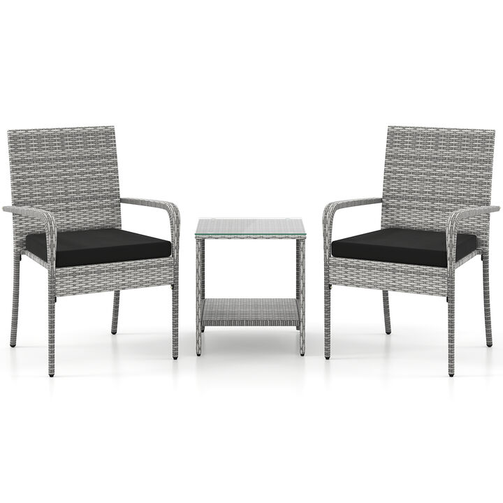 3 Piece Balcony Patio Furniture Set with Seat Cushions and Tempered Glass Tabletop