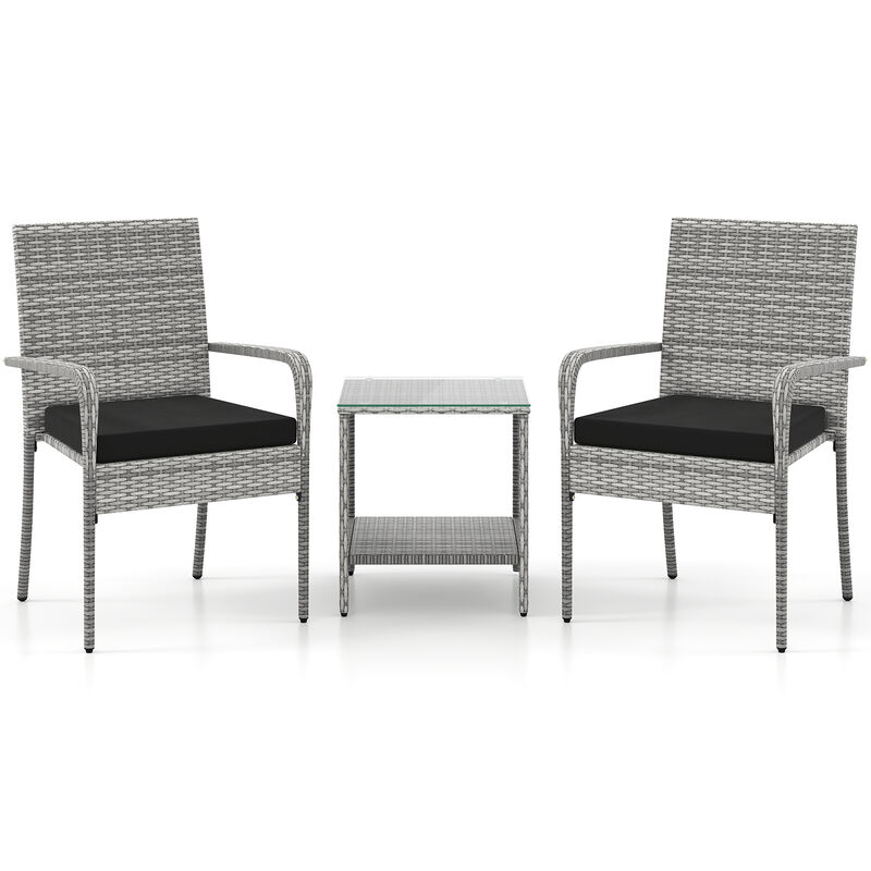 3 Piece Balcony Patio Furniture Set with Seat Cushions and Tempered Glass Tabletop image number 0