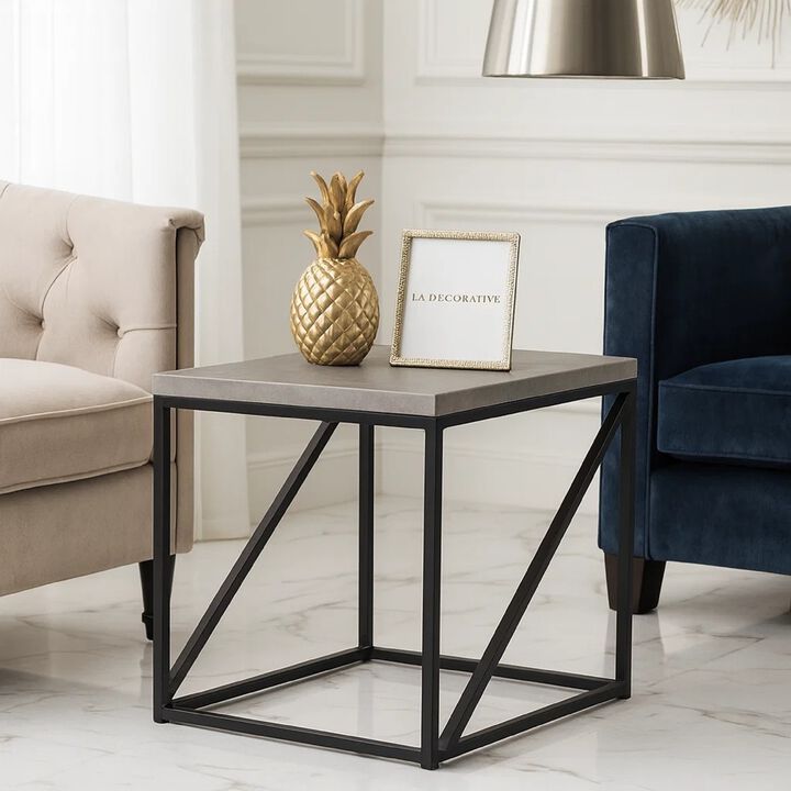 Industrial Style Minimal End Table With Wooden Top And Metallic Base, Gray