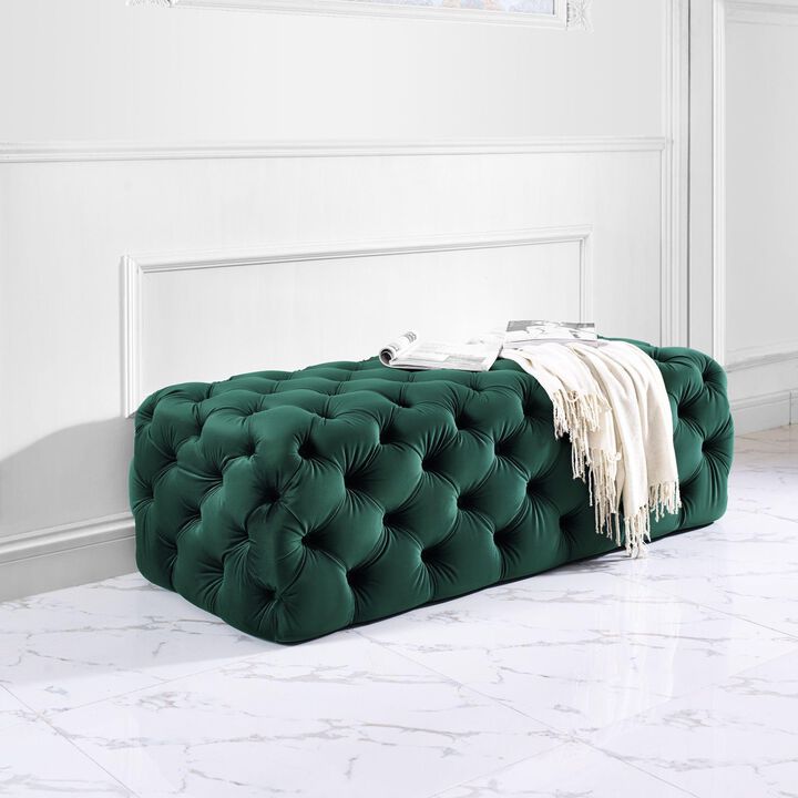 TOV Furniture The Kaylee Collection Modern Style Living Room Jumbo Velvet Upholstered Button Tufted Ottoman, Green