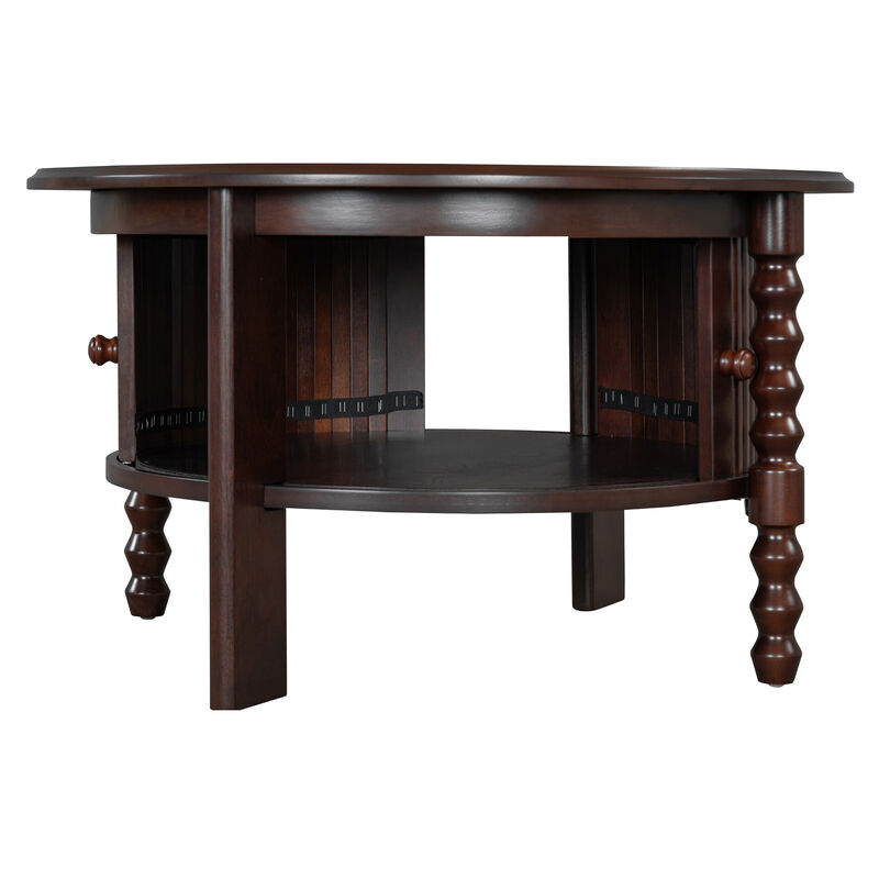Merax 30.3" Vintage Round Coffee Table with Storage - Mid Century Modern Cocktail Table with Sliding Door & Slatted Design for Small Spaces
