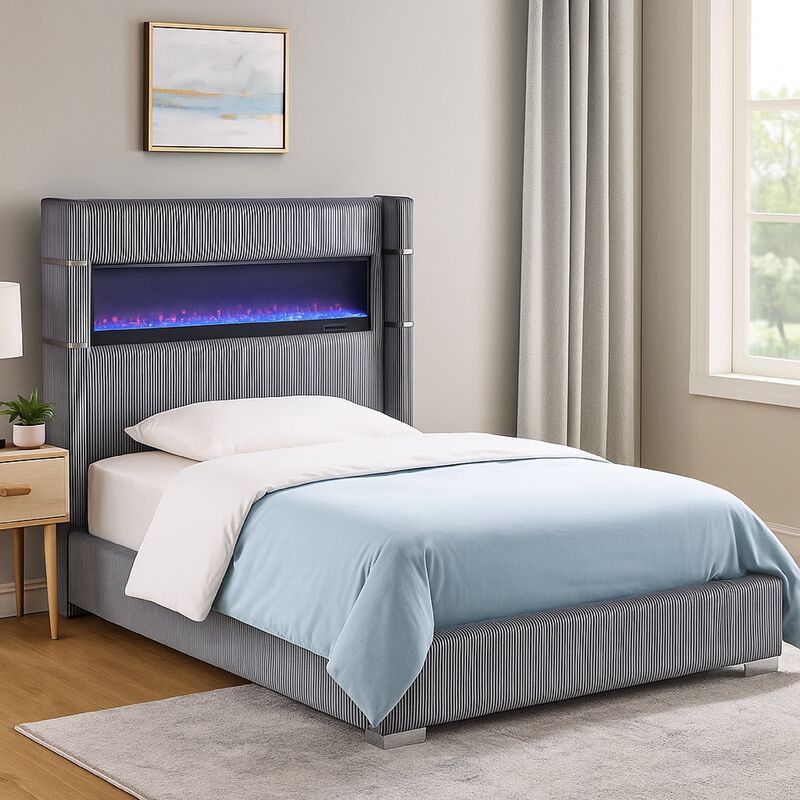 Caro Queen Bed, Wingback Panel w LED Flame, Gray Corduroy Upholstery