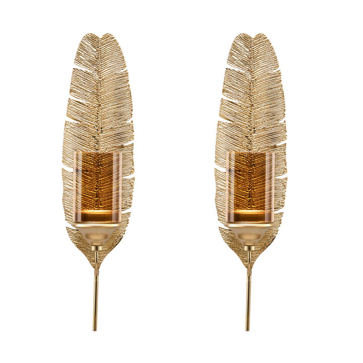 Ava 17" Gold Feather Metal Wall Candle Sconces (Set of 2)