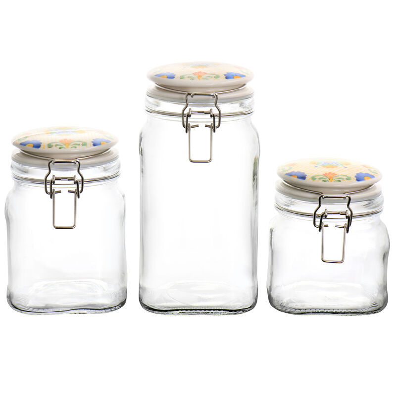 Laurie Gates California Designs Tierra 3 Piece Glass Canister Kitchen Set with Decorated Lids
