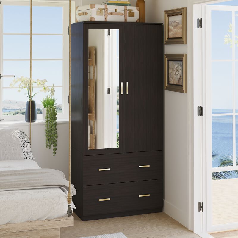 Armoire Wardrobe with Mirror & 2 Drawers, 2-Door Wardrobe with Shelves & Hanging Rod, Gold Metal Handles, for Cloakroom (31.5&rdquo;W x 18.9&rdquo;D x 72&rdquo;H)