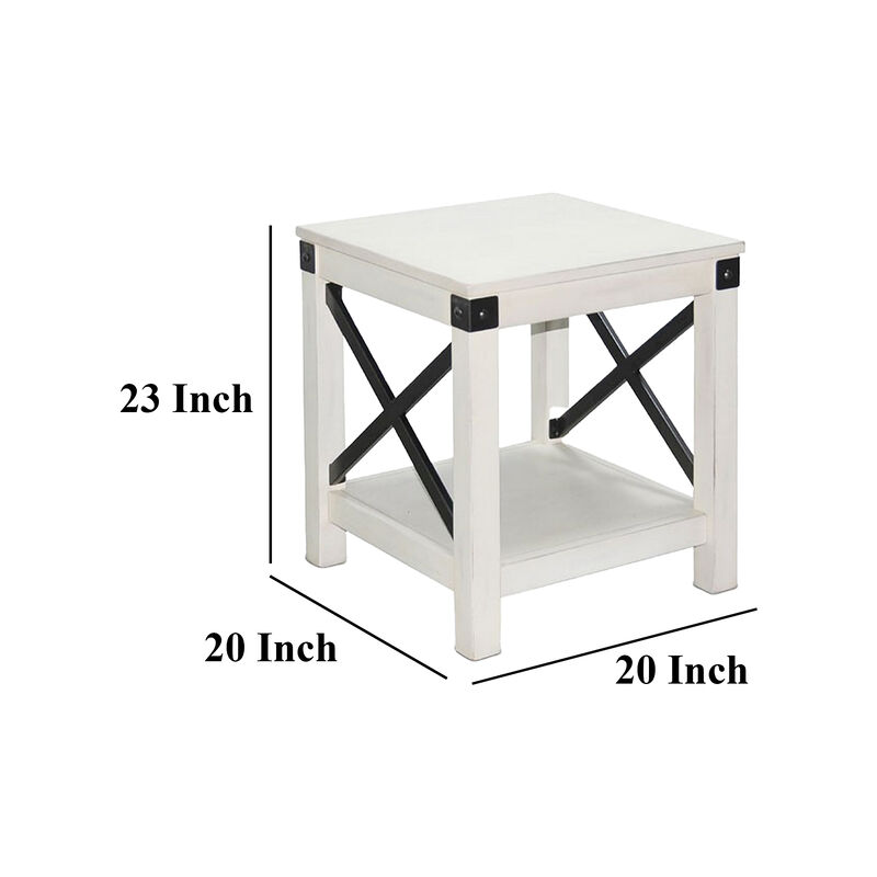 Sime Side End Table w Shelf, X Panel, 20 Inch Square Off White Wood