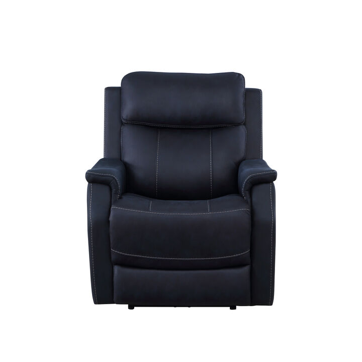 Clean Contemporary Dual-Power Recliner - Ocean Blue Leatherette, Power Footrest, Power Headrest - Easy-Care and Convenience