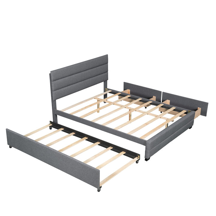 Queen Upholstered Platform Bed with Trundle and Two Drawers, Grey