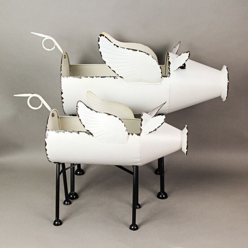 Rustic White Painted Galvanized Metal Flying Pig Standing Planters Set of 2 image number 3