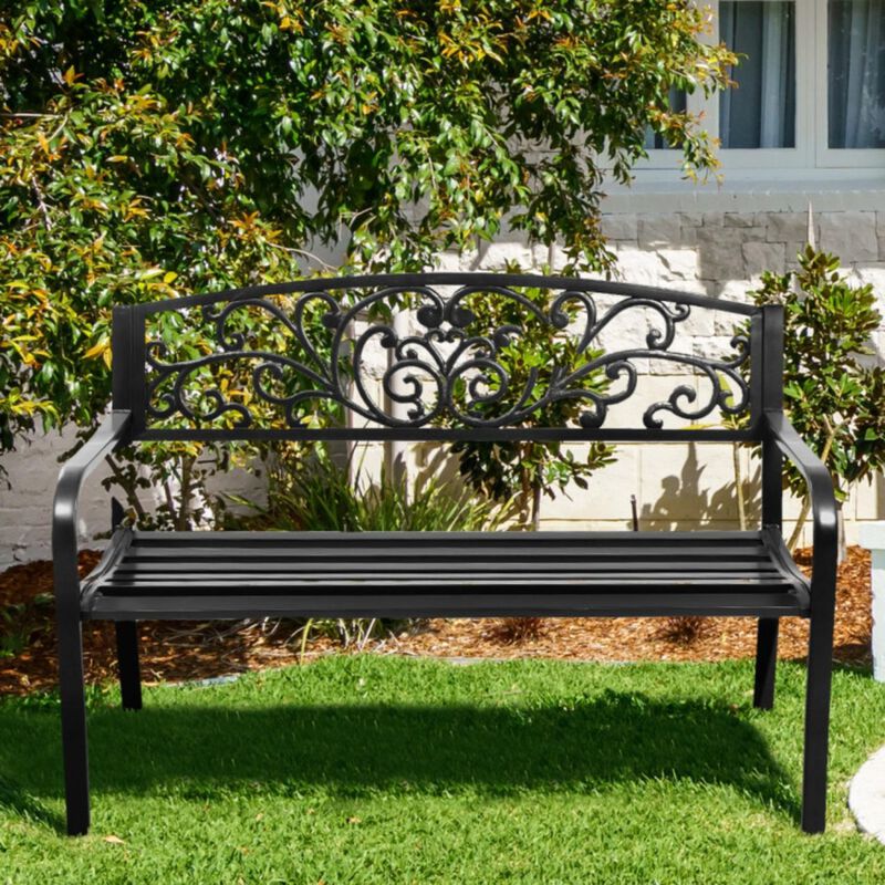 Hivvago 50 Inch Patio Park Steel Frame Cast Iron Backrest Bench Porch Chair