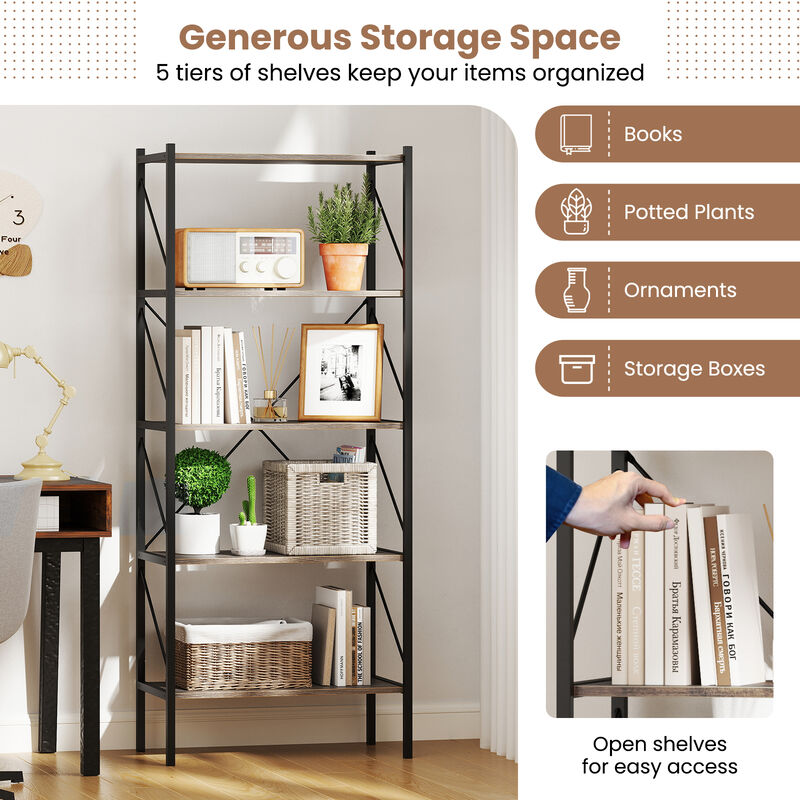5-Tier Storage Bookshelf with Open Shelves and Heavy-Duty Steel Frame