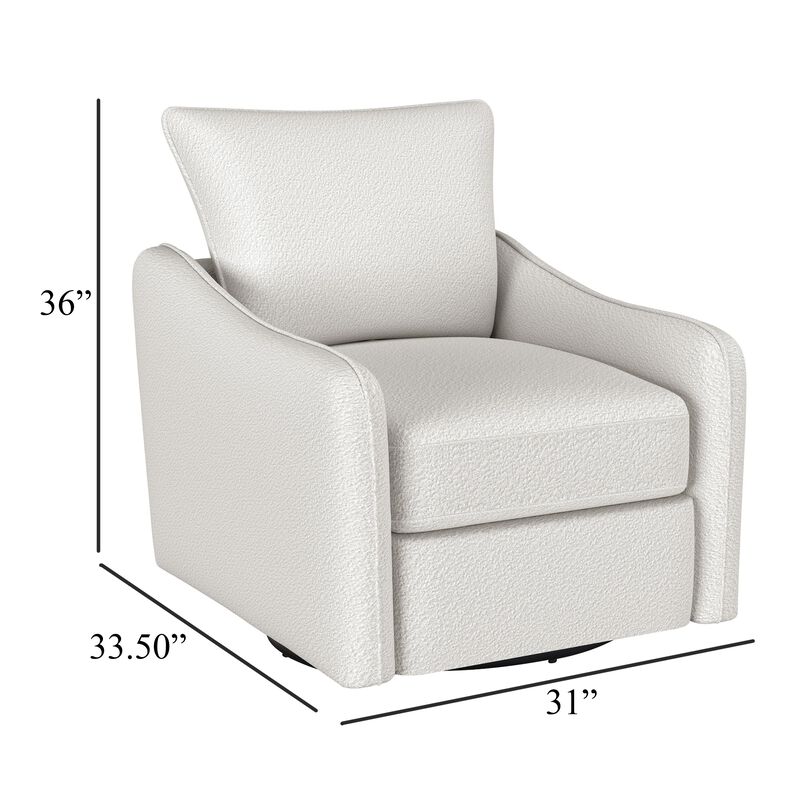 Adia Swivel Glider Chair, Sloped Arms, Plush Vanilla Ivory Boucle - Benzara