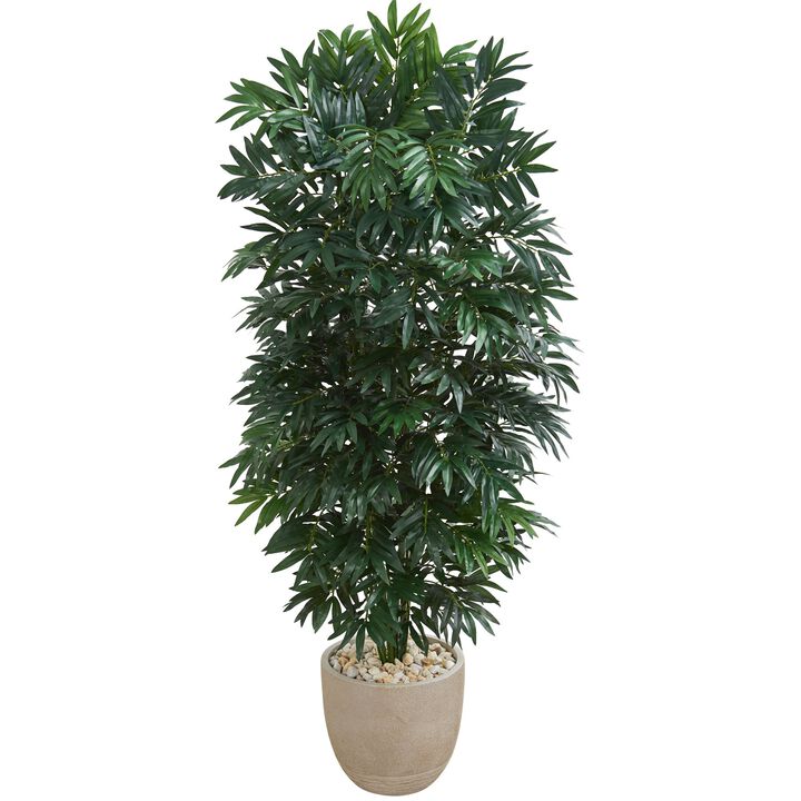 HomPlanti 5' Double Bamboo Palm Artificial Plant in Sandstone Planter