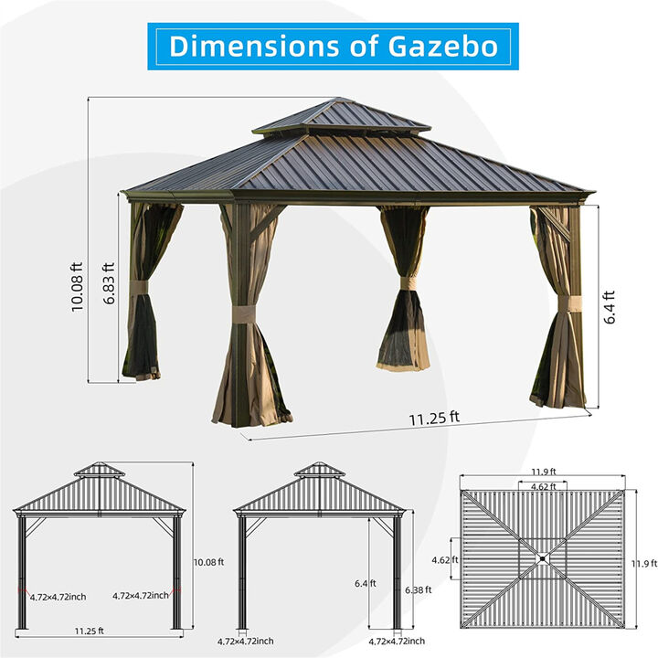 12'x12' Hardtop Gazebo, Outdoor Aluminum Frame Canopy with Galvanized Steel Double Roof, Outdoor Permanent Metal Pavilion with Curtains and Netting for Patio, Backyard and Lawn(Brown)