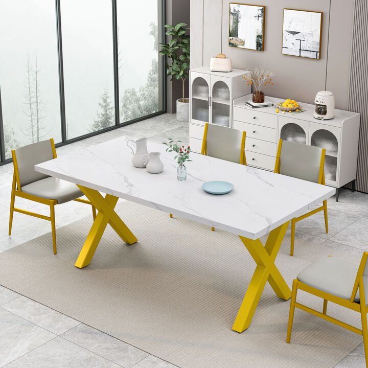 70.87" Modern Square Dining Table with Printed White Marble Tabletop+Gold X-Shaped Table Leg