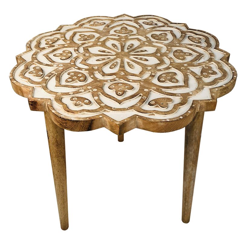 18 Inch Handcrafted Mango Wood Side End Table, Floral Carved Top, Tripod Base, Antique Brown, White-Benzara image number 3