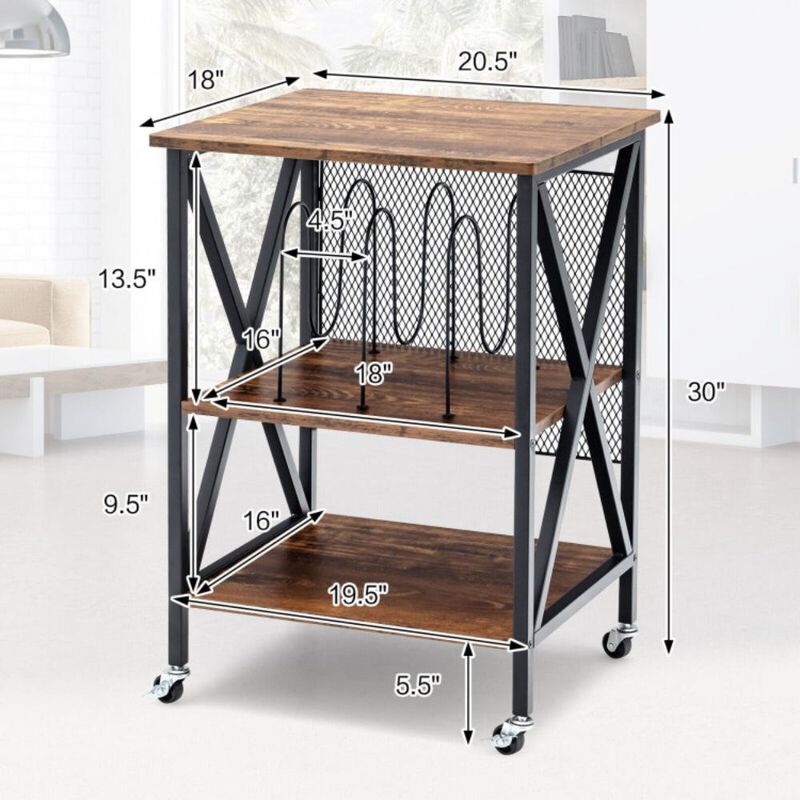 Hivvago 3 Tiers Vintage Style Rolling End Table with 3 Dividers for Albums