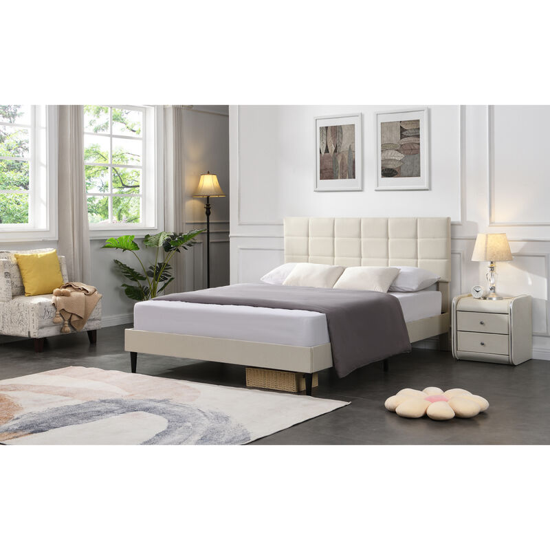 Queen Size Platform Bed Frame with Fabric Upholstered Headboard and Wooden Slats, No Box Spring Needed/Easy Assembly, Beige