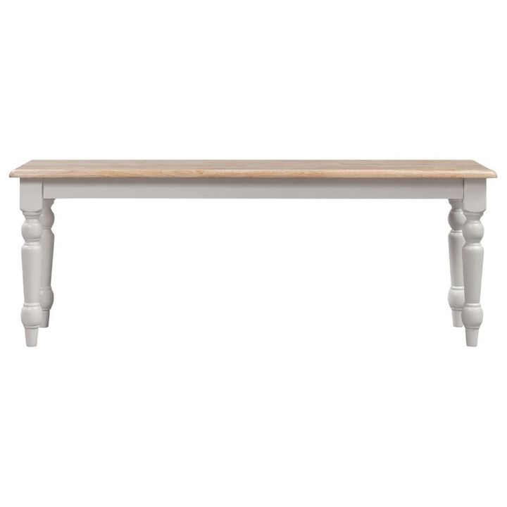 Grained Rectangular Wooden Bench with Turned Legs, Natural Brown and White- Benzara